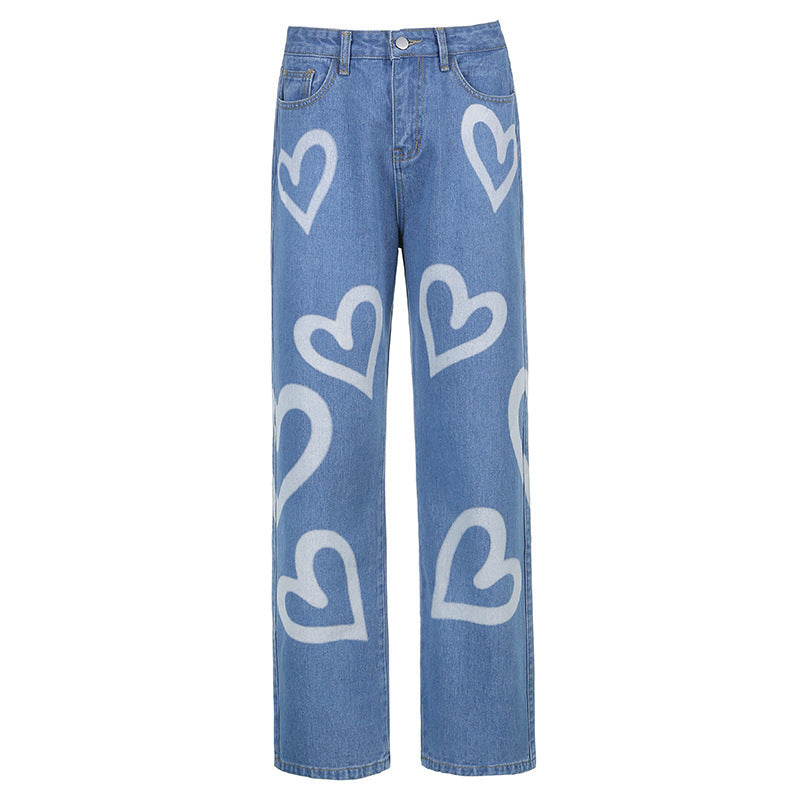 Jean slim droit taille haute pour femme, Love graffiti