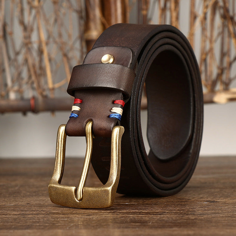 Men's Retro Laser Engraving Cowhide Brass Buckle Belt - Artistic Distinction