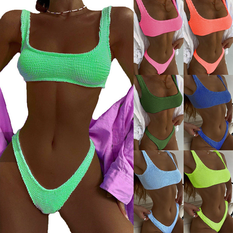 Specialtyg Crinkle Bikini Dam Macaron Color Split Baddräkt