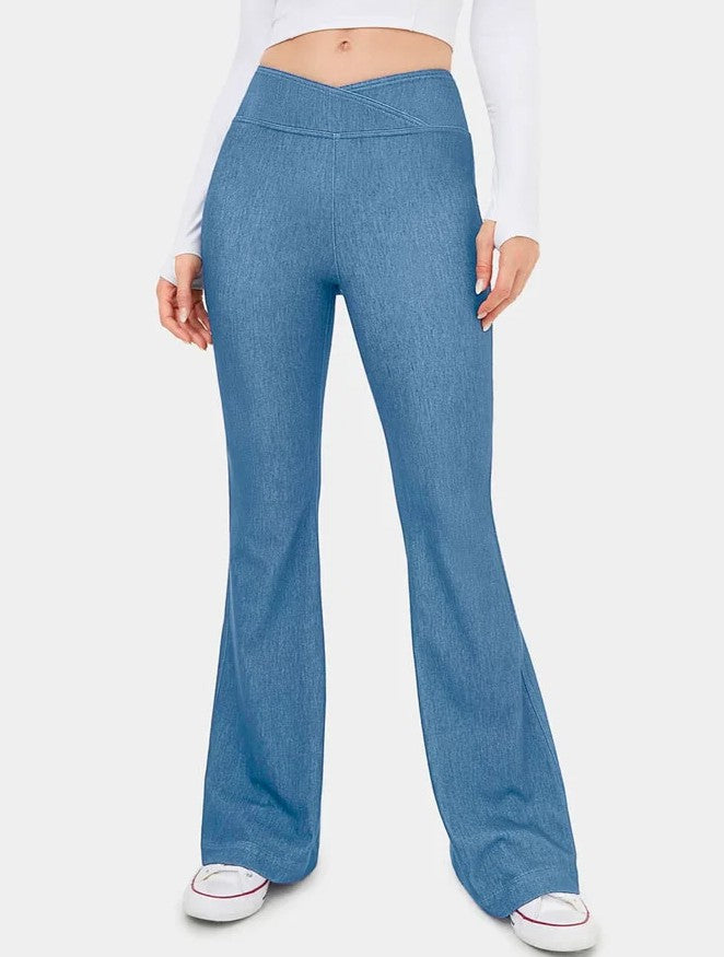 Enfärgad hög midja Cross Stretch Denim Casual Sports Bell-bottom byxor