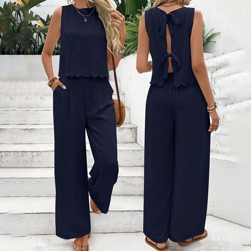 Elegant 2-delat matchande set för kvinnor, ärmlös crop top och vida byxor