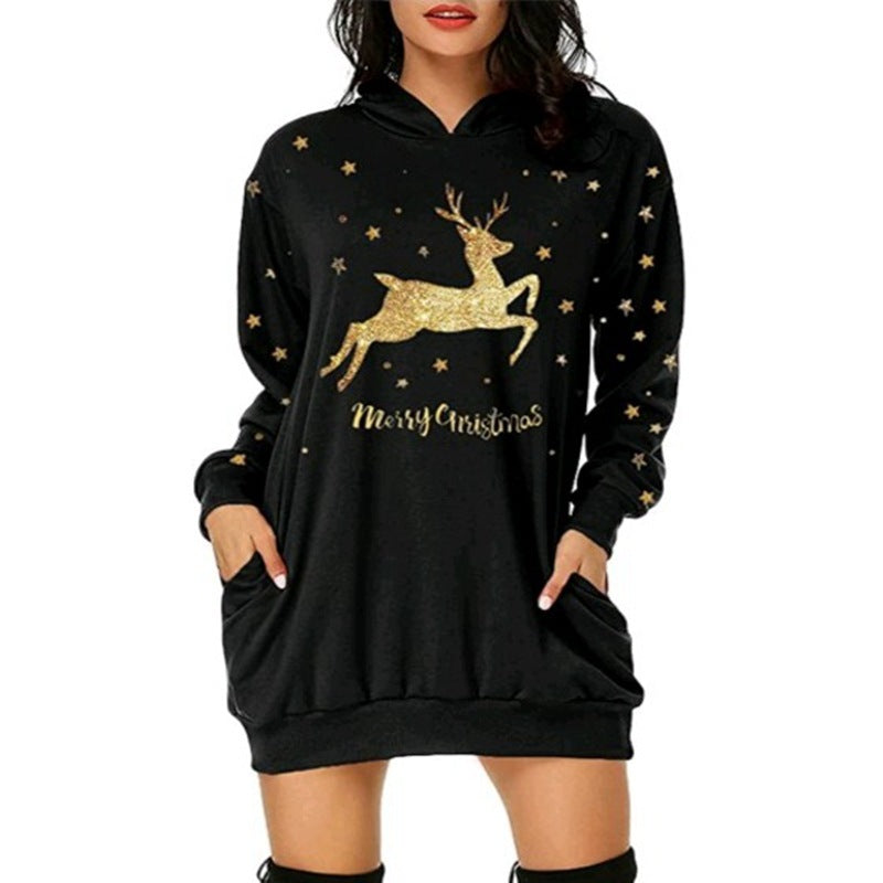 Pull à capuche et manches longues avec poche mi-longue imprimée, offre spéciale de noël