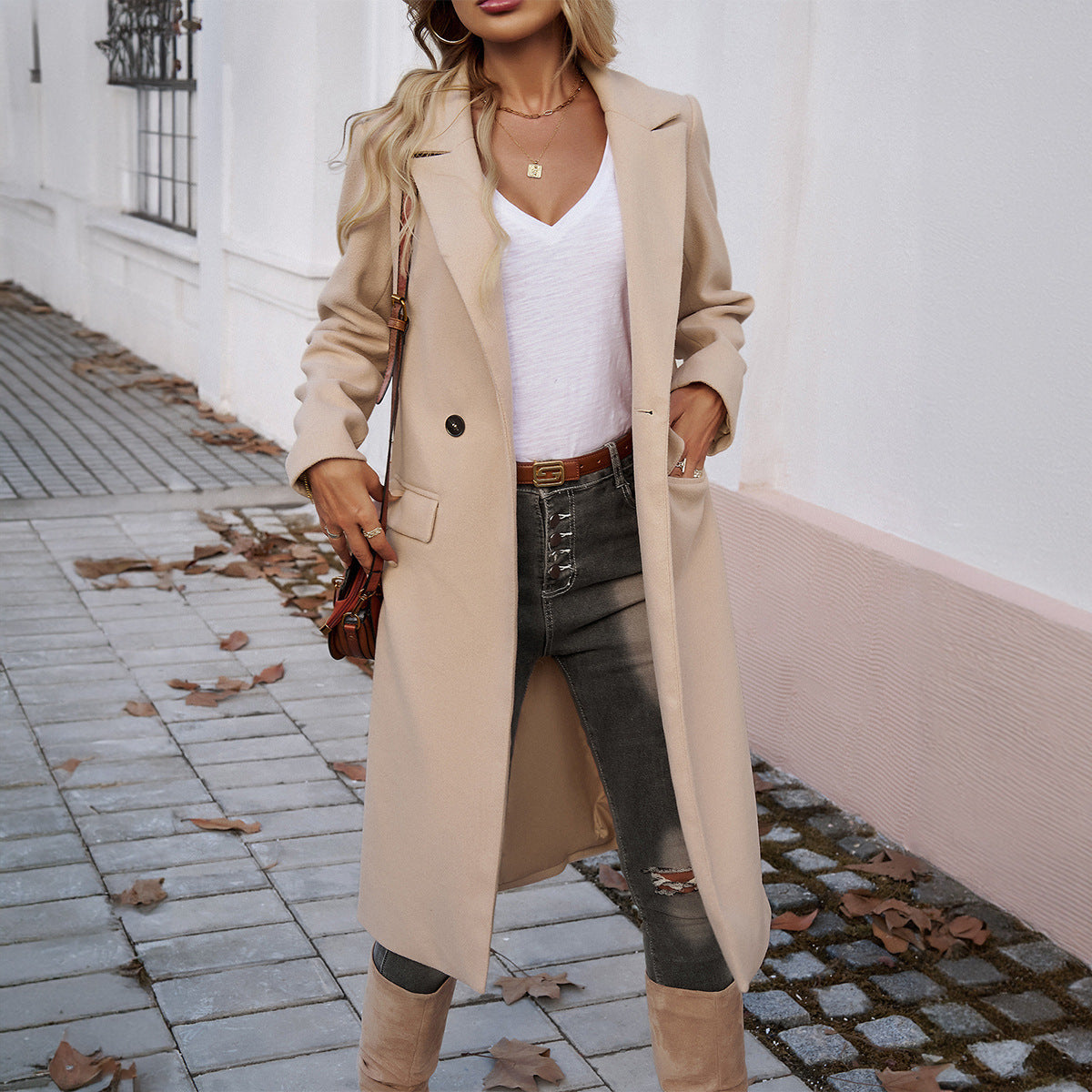 Lady Temperament Commuting Turn-Down Collar Coat - Solid Color Pocket Lengthened Long Sleeve