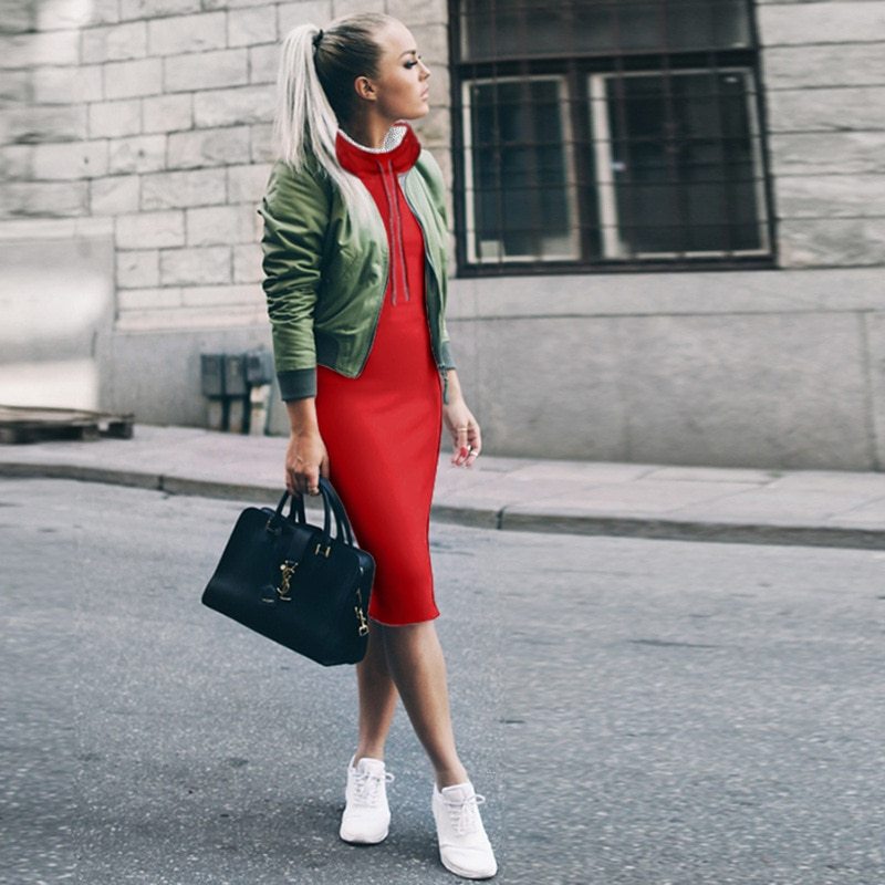 Autumn Winter Long Sleeve Casual Party Dress Plus Size High Collar Women