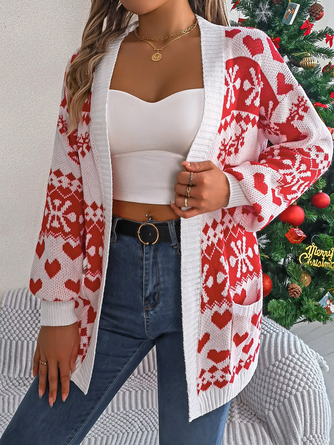 Christmas Women's Open Front Cardigan - Lantern Sleeve, Xmas Printed, Oversized Deer Sweater with Pockets