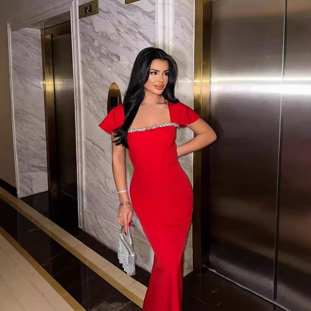 Luxury Solid Color Diamond Evening Dress