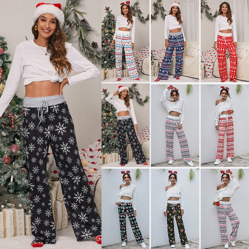 Christmas Print Pants Women Fashion Casual Drawstring Trousers With Christmas Snowflake Tree Elk Print - Holiday Spirit