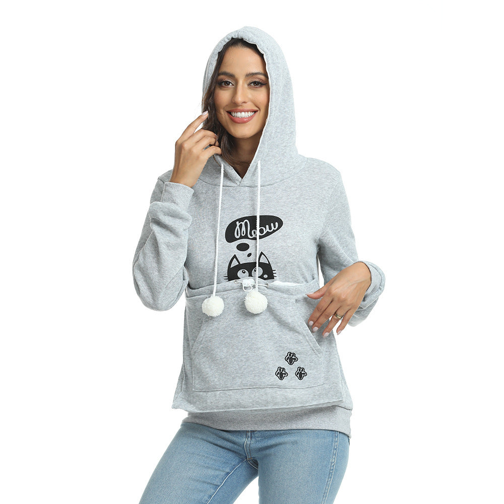 Cat Print Hoodie with Big Pocket for Pets - Long Sleeve Sweater for Women