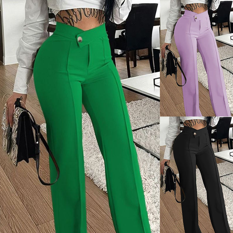 Pantalon Slim à jambe droite avec boucle, pantalon de couleur unie à la mode pour vêtements pour femmes