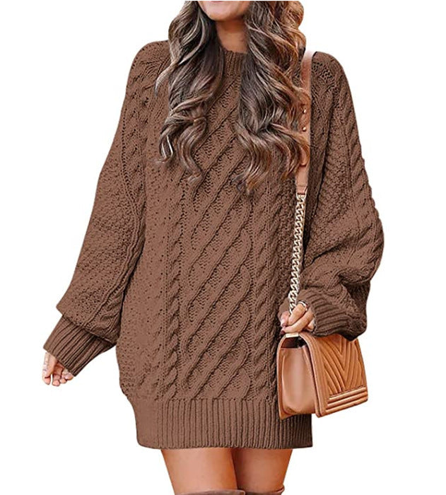Indulge in the Luxe: Women's Round Neck Long Sleeve Twisted Knitted Mid-length Dress Sweater