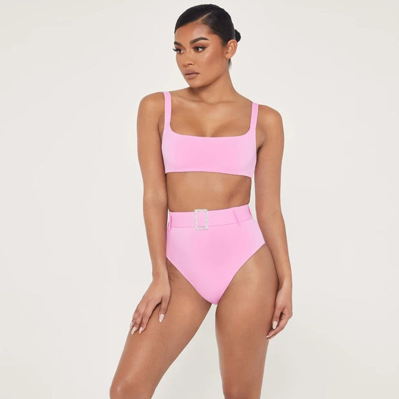 Solid color high waist sexy imitation diamond bikini