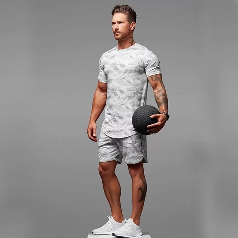 Tvådelad kortärmad kostym Fitness Fritid Kamouflage Sportkläder