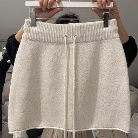 Professional Western Style Elastic Waistband Lace-Up Knitted Skirt - Urban Design (3 Colors, S-XL, Temperament Commute)