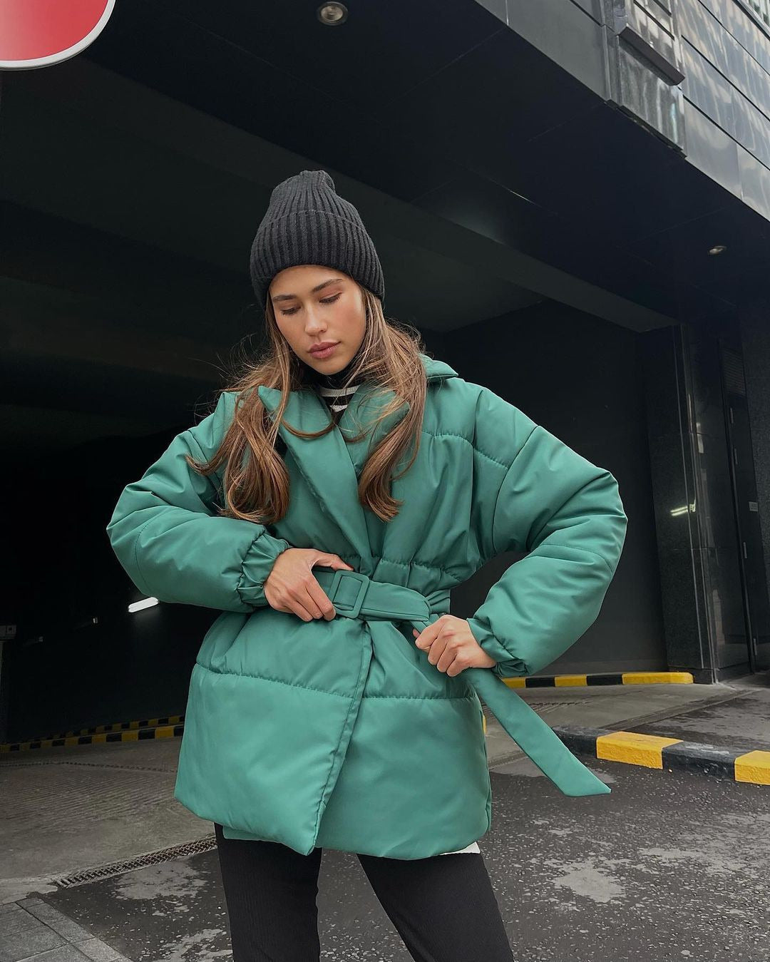 Winter Lapel Waisted Cotton Coat Fashion Solid Color Slim Overcoat Womens Clothing - Polyester Regular Style