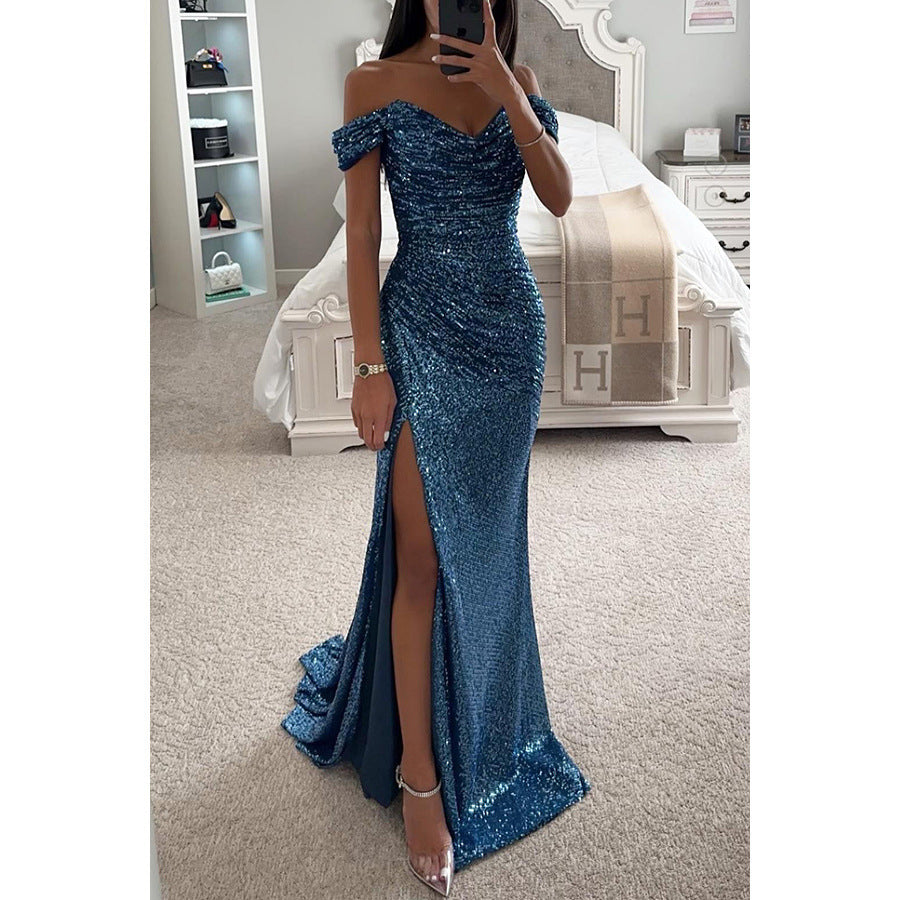 Robe fendue à paillettes, col rond, tenue de soirée décontractée, à la mode, pour femmes