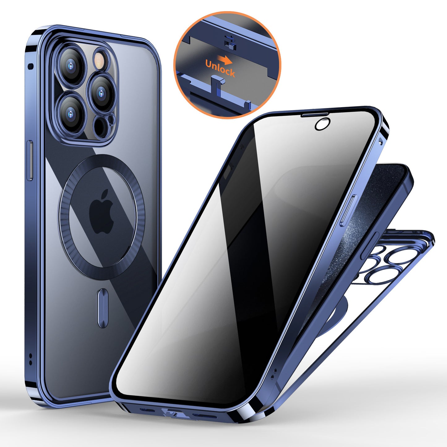 Anti-sekretess metallspänne magnetiskt stöd trådlös laddning dubbelsidig lins heltäckande telefonfodral skyddande fodral