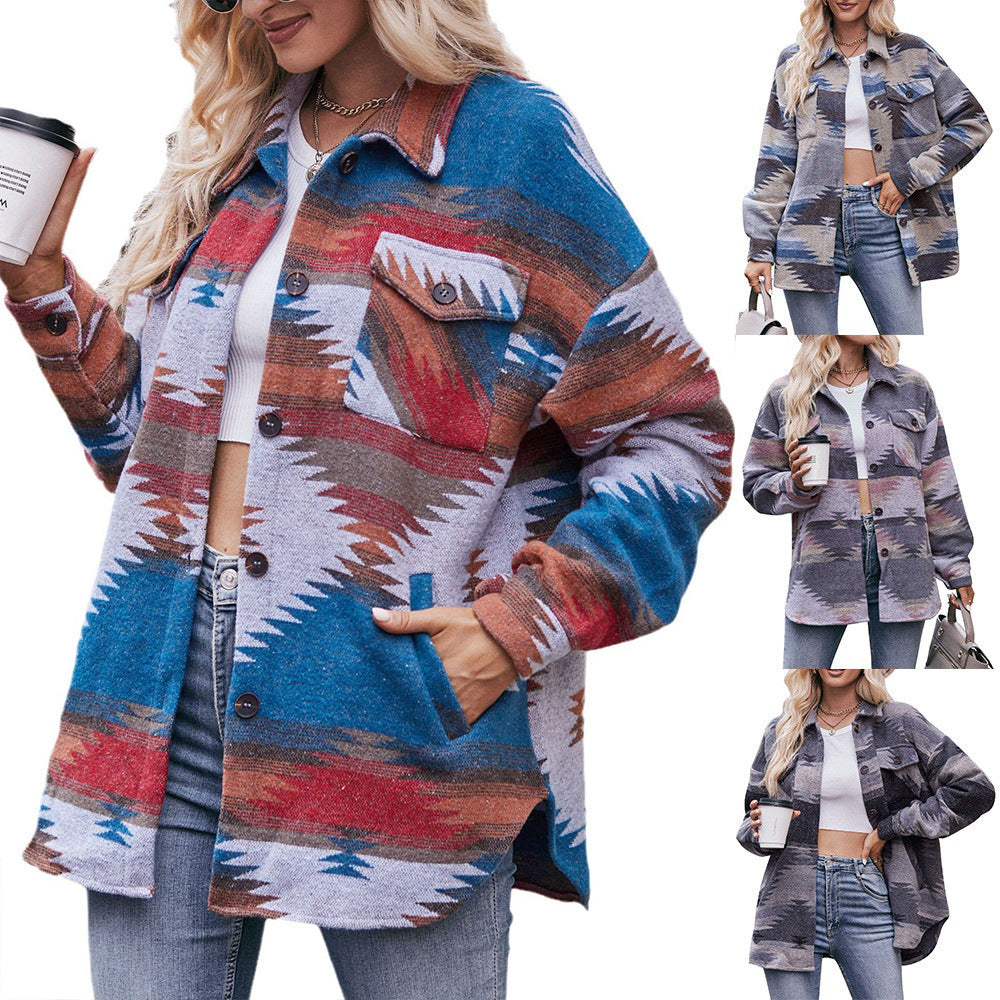 Geometric Print Jacket Shirt Winter Stand Collar Coats With Pockets Women's Outwear - Modern Versatile Flattering Practical
