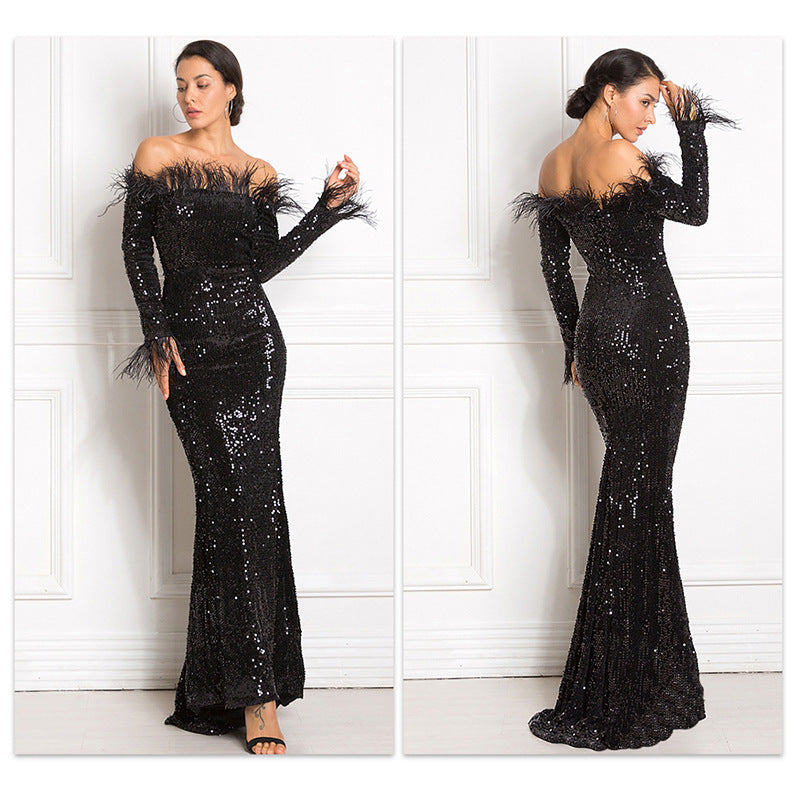 Off-shoulder fisktail-festklänning