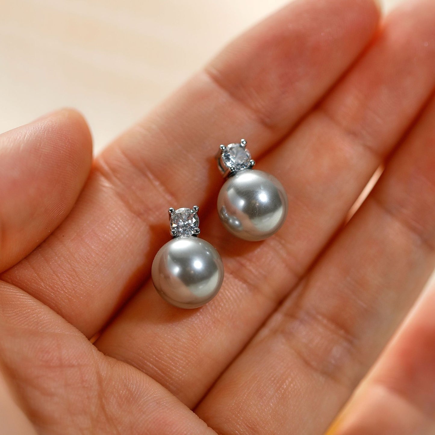 Copper Plating Single Zircon Pearl Silver Stud Earrings