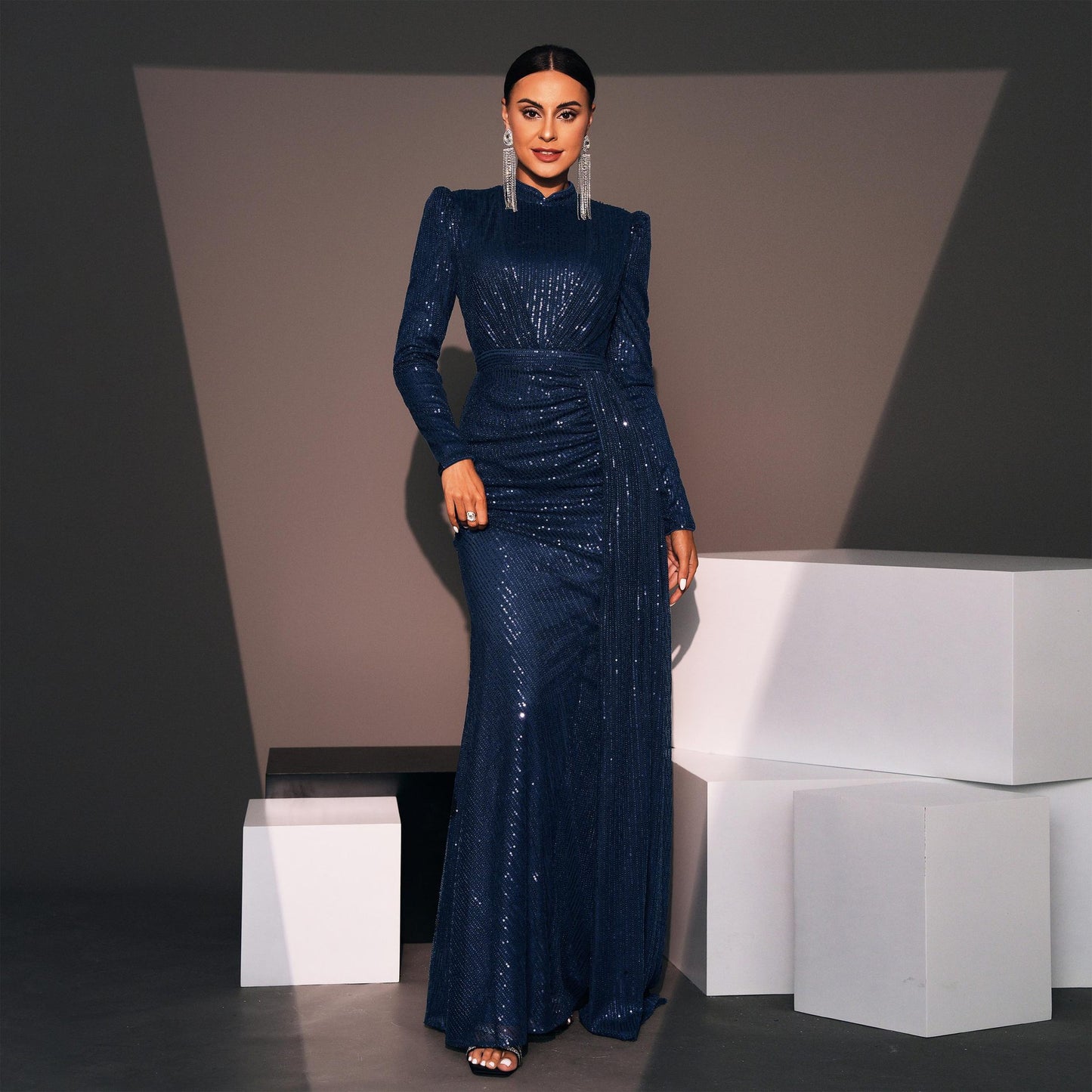 Long Sleeve Round Neck Sequined Banquet Dress - Hip Skirt Temperament Commute - Premium Polyester