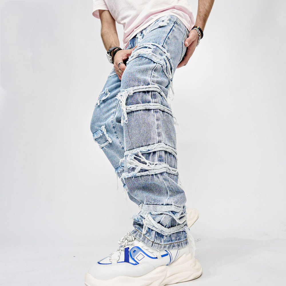 Herrbyxor, långa byxor, lappade, raka, herrjeans med hiphop-mönster