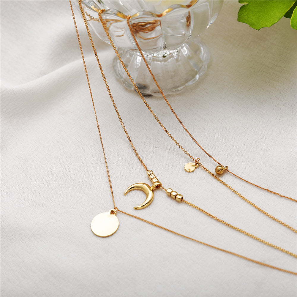 Multi-Layer Moon Pendant Necklace for Women Bohemian Wafer Elegant Necklace