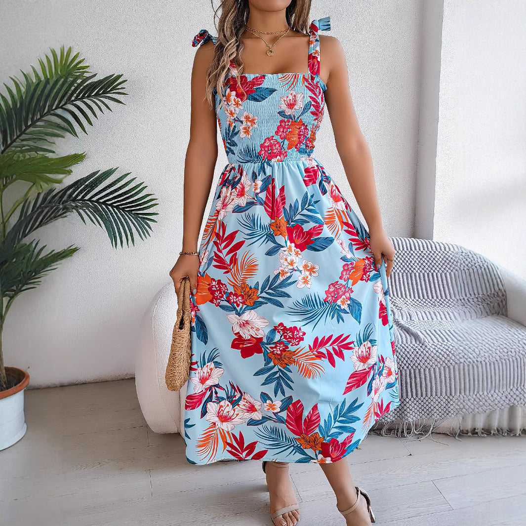 Floral Print Suspender Corset Dress - Instagram Fashion Holiday Beach Long Dress - Summer Women's Clothing - High Waist Sleeveless