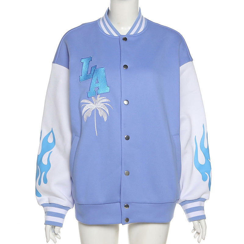 Contrast Stitching Embroidery Loose Casual Baseball Uniform Jacket - Vibrant Statement Intricate Comfortable