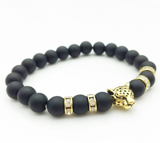8mm Natursten Lavasten Pärlarmband För Män Leopardhuvud Leopardhänge Charm Armband Handgjorda Smycken