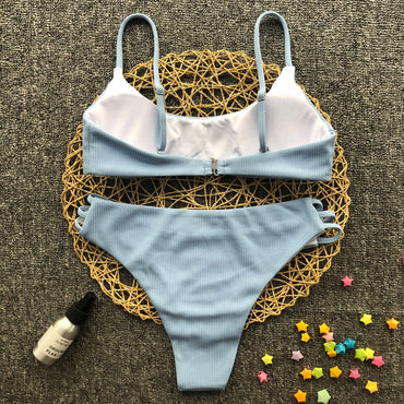 Professional Solid Color Striped Bikini - Polyester Nylon Spandex (80% Content, Premium Construction)