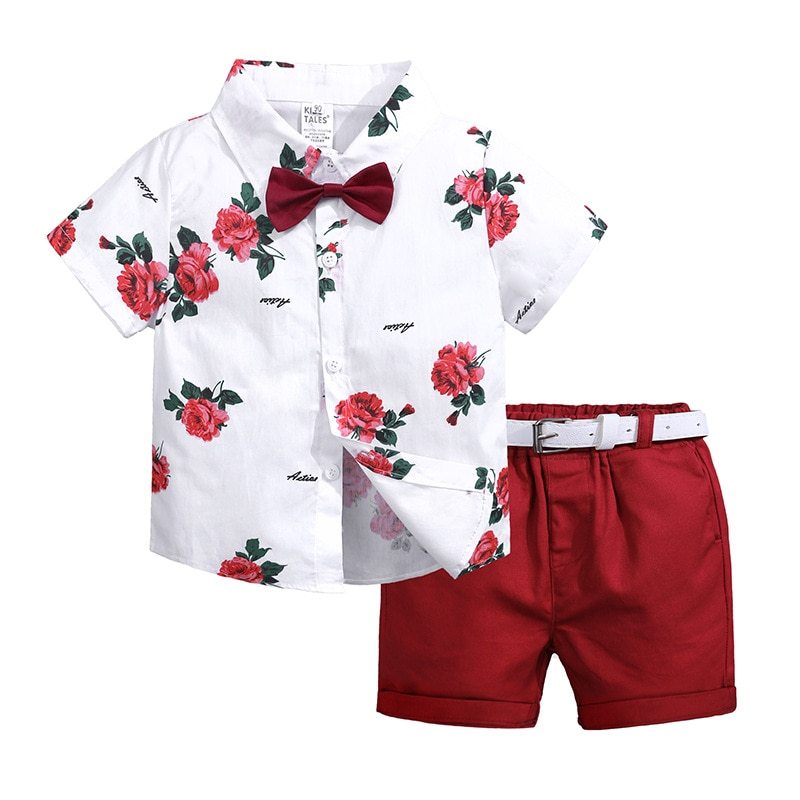 2 st Sommar Baby Set Blommig Kortärmad Pikétröja Med Röda Shorts Shorts Skolkläder För Barn Kina