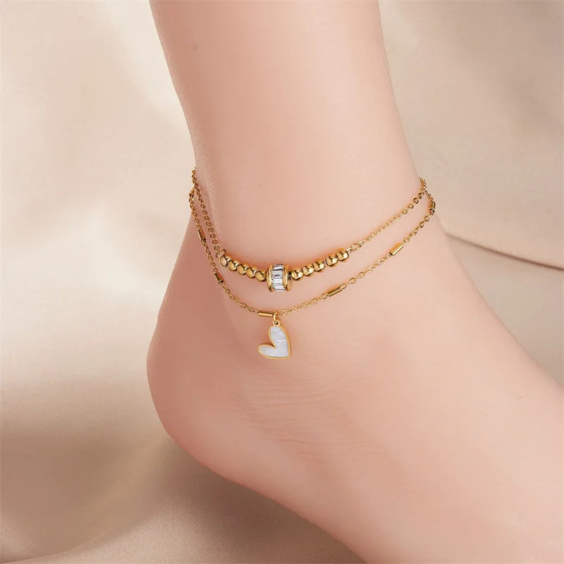 Modesmycken Boho Klassisk Kärlek Hjärta Fotledskedja Dubbelskiktad Kedja Armband Fotlänk Charm Tofs Benkedja På Fotkedja Kvinnor Festsmycken Accessoarer