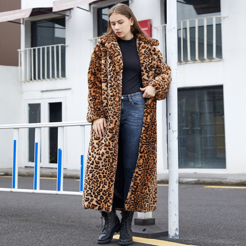 Faux Fur Leopard Print Rabbit Fur Super Long Suit Collar Fur Coat - Luxury Cruelty-Free Dramatic Sophisticated