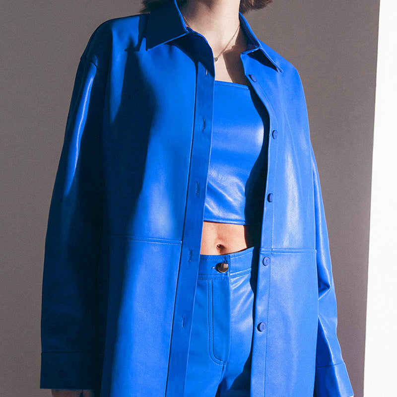 Fashion Long Sleeve Women's PU Shirt Leather Coat - Chic Durable High-Quality Luxurious Affordable