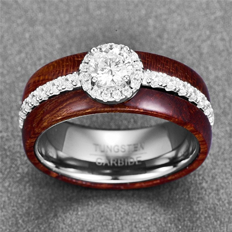 C it all Wood & Silver Zircon Ring – Tungsten Carbide