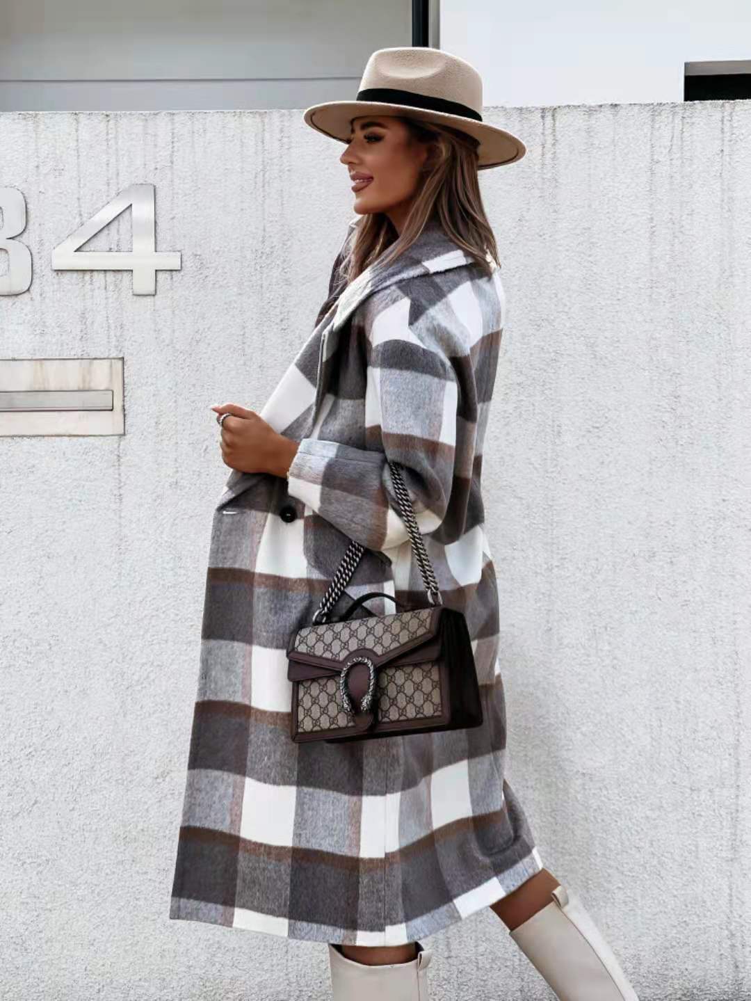 Checked Mid-Length Coat Lapel Tie Wool Coat