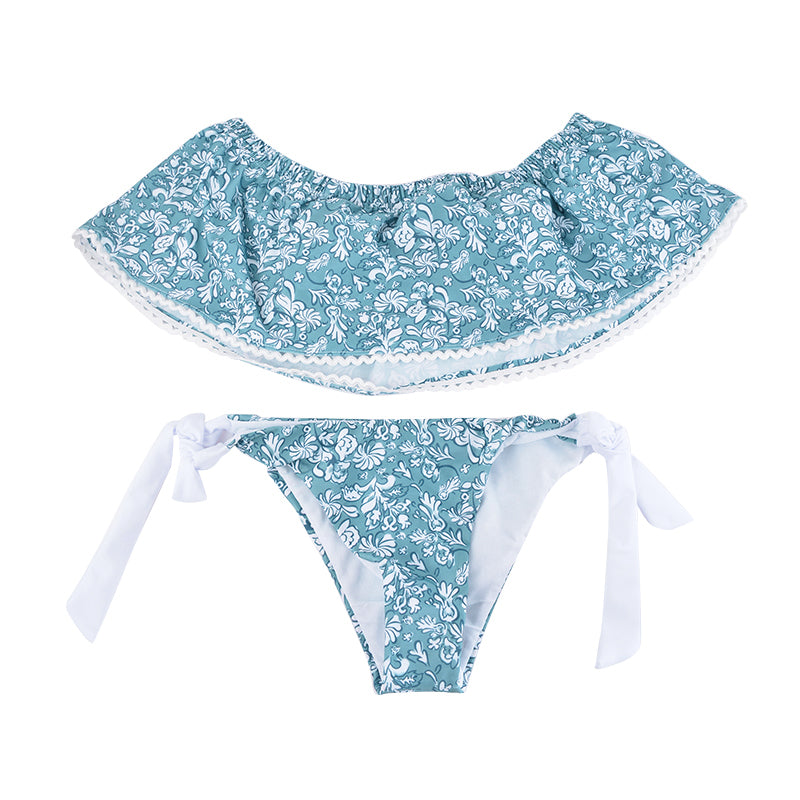 Bleu clair motif Floral sans bretelles épaules dénudées femmes Sexy fente Bikini ensemble maillots de bain femmes plage maillot de bain