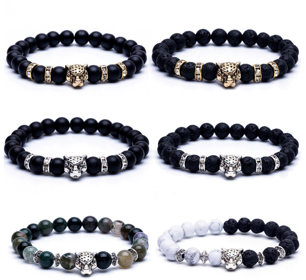 8mm Natursten Lavasten Pärlarmband För Män Leopardhuvud Leopardhänge Charm Armband Handgjorda Smycken