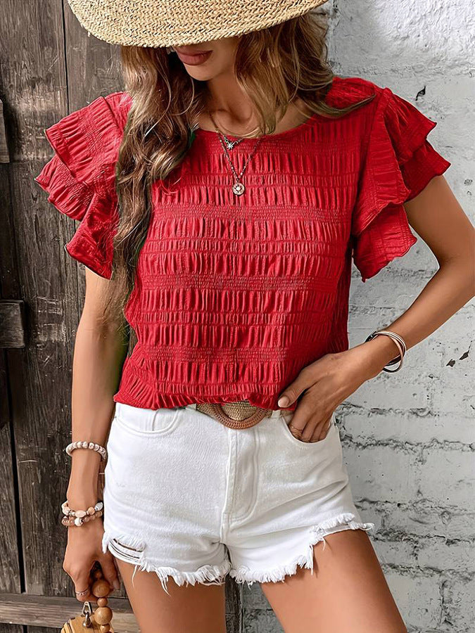 Summer Ruffled Short-sleeved T-shirt - Casual Round Neck Pleated Design Top For Women Clothing