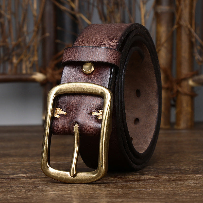 Men's Cowhide Vintage Distressed Pleated Brass Buckle Belt - Weathered Heritage