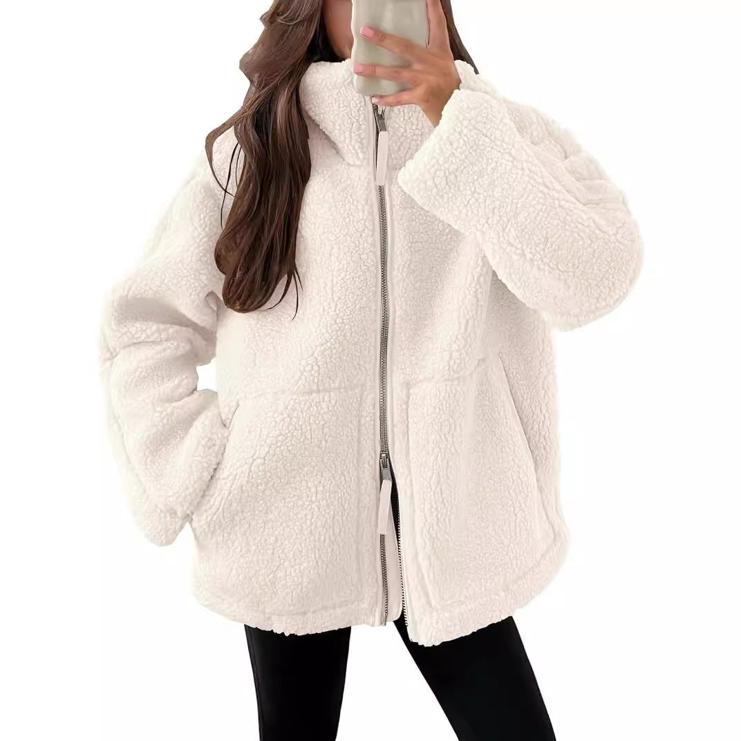 Winter Lapel Zip-Up Coat With Pockets Casual Fashion Solid Fleece Jacket Fall Spring Long Sleeve Women's Clothing