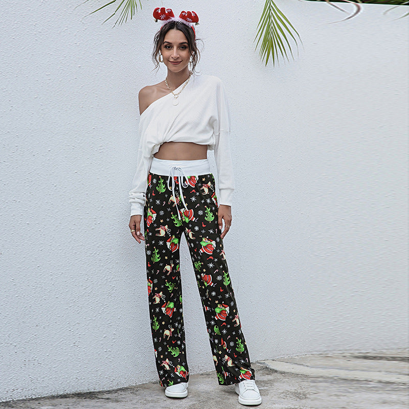 Christmas Print Pants Women Fashion Casual Drawstring Trousers With Christmas Snowflake Tree Elk Print - Holiday Spirit