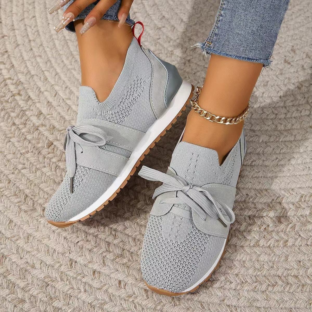 Nya Lace Up Mesh Flats Skor För Kvinnor Andas Casual Andas Walking Wedges Skor