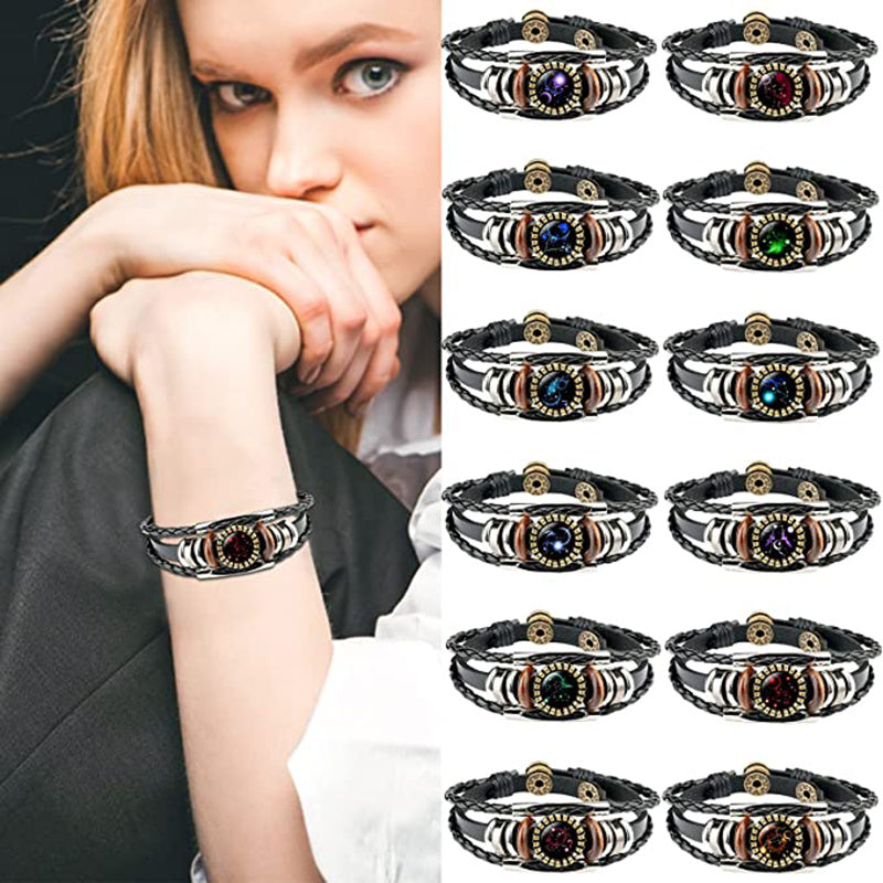 Stjärnteckenarmband för kvinnor och män, 12 stjärnbilder, pärlbesatta handvävda PU-läderarmband