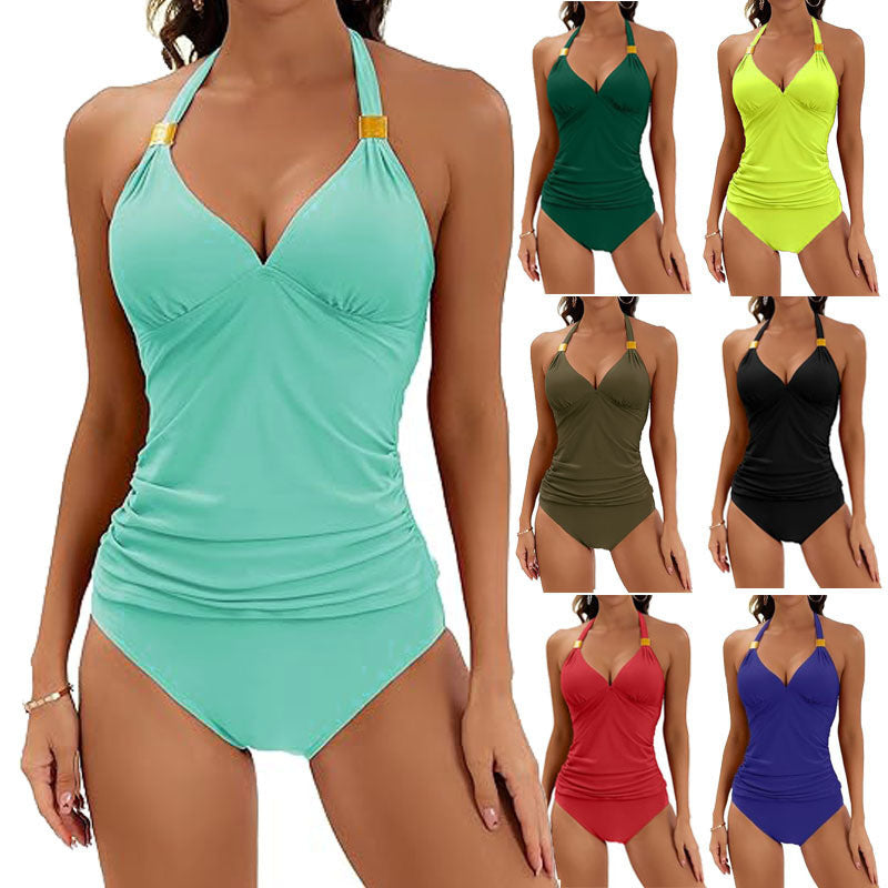 2 st Enfärgad Halter Neck Bikini Strandmode Sexig V-ringad Baddräkt Sommar Damkläder