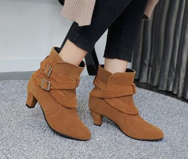Vinter Höst Läder Casual Kvinnor Höga klackar Pumps Varma Ankel Boots