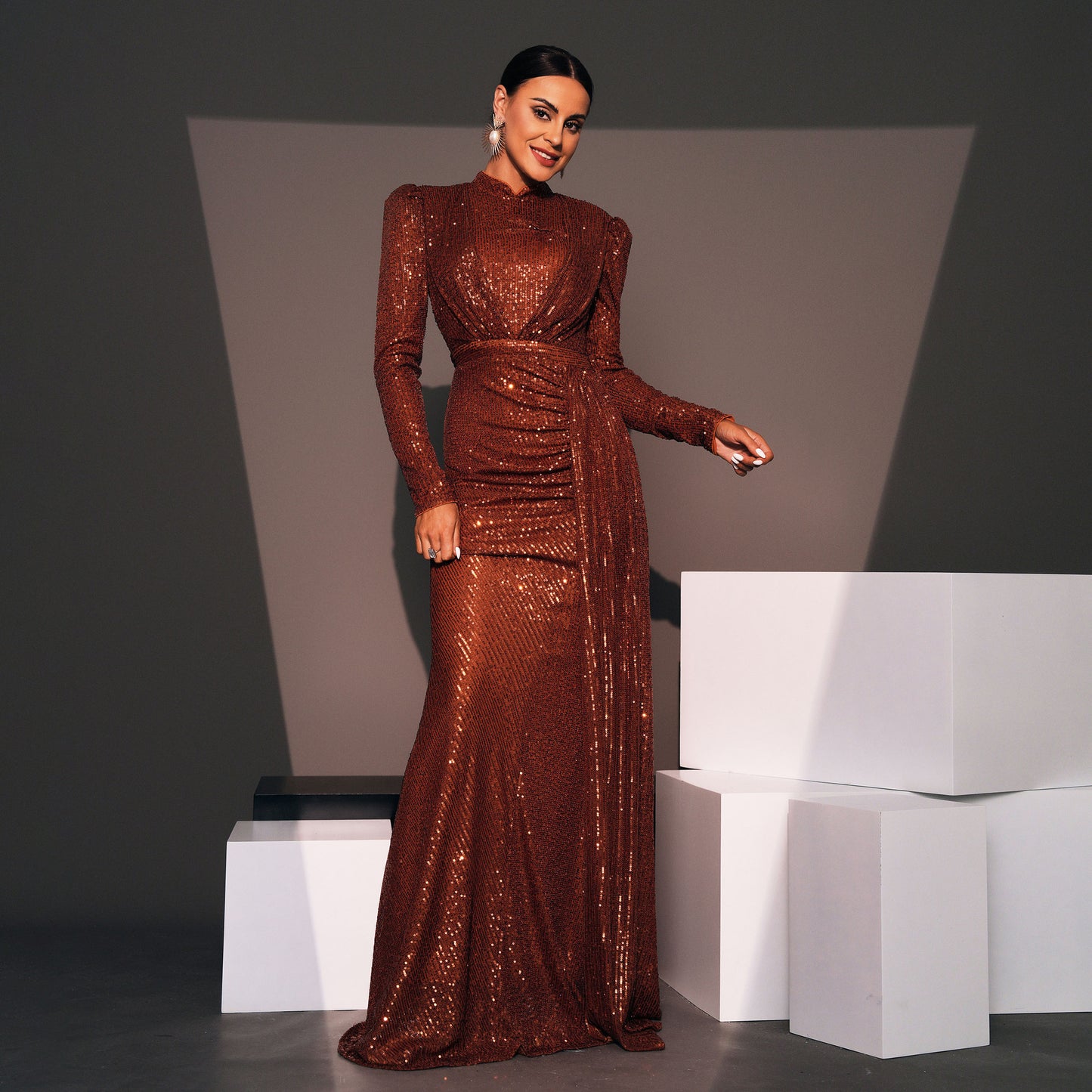Long Sleeve Round Neck Sequined Banquet Dress - Hip Skirt Temperament Commute - Premium Polyester