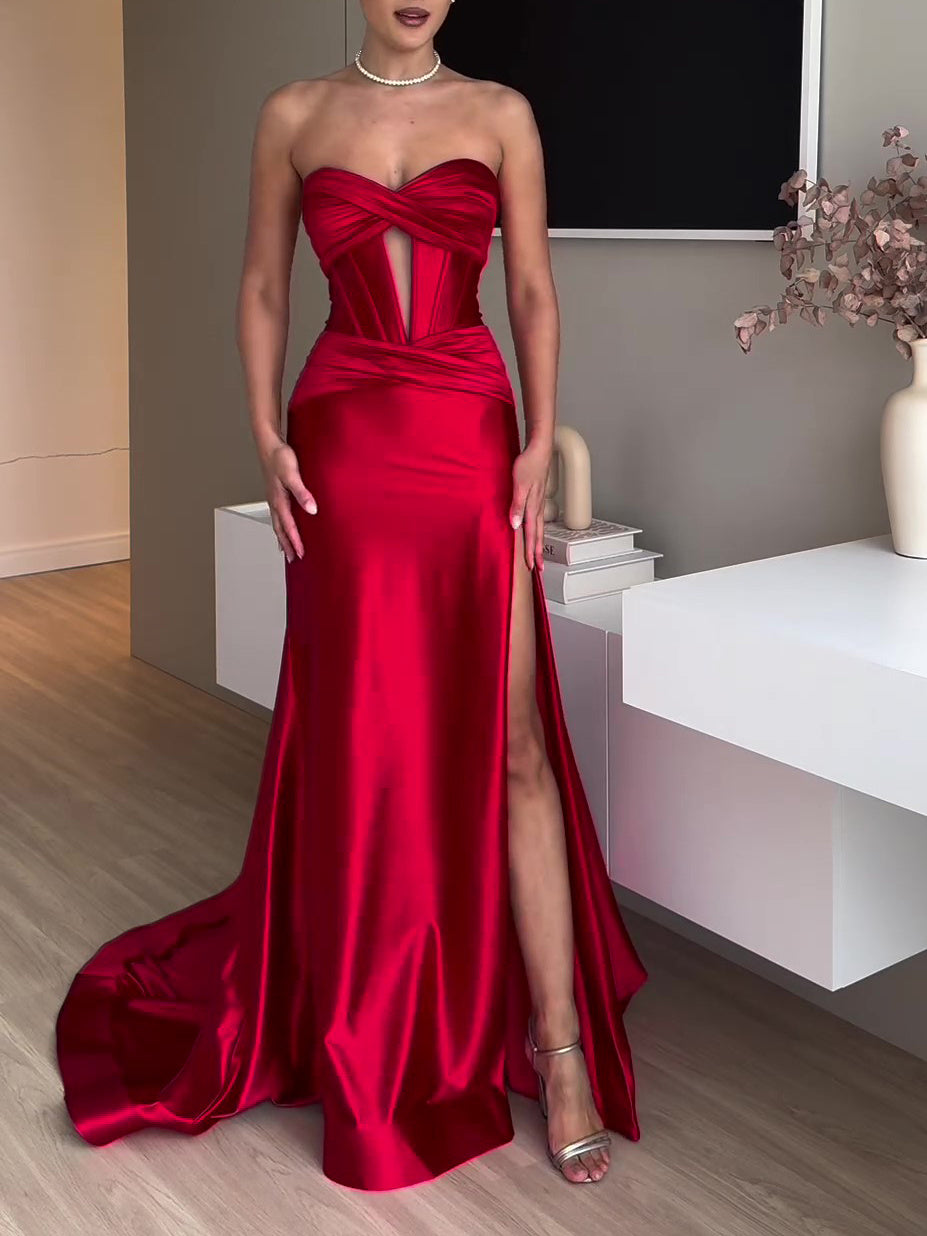 Elegant Red Evening Dress - Tube Top Slit Extra Long