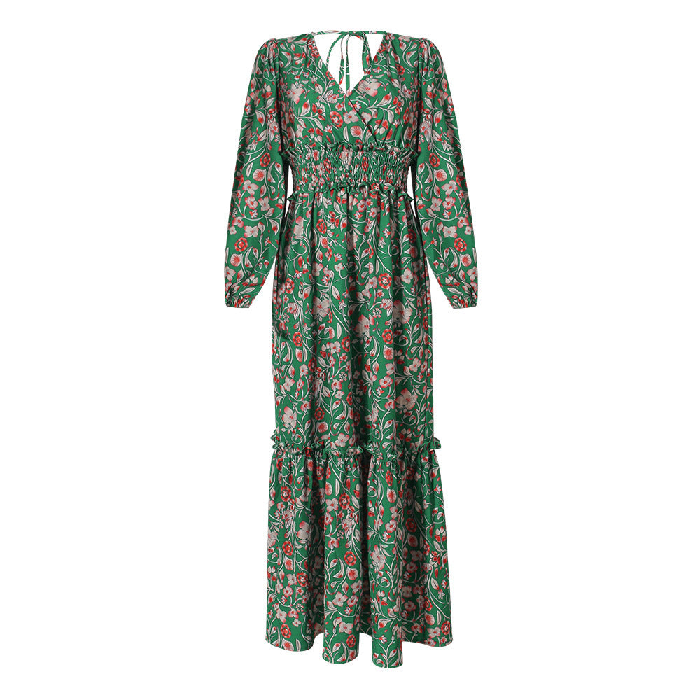 Mode Tryckta Lantern Långärmade V-hals Halter Couture Robe