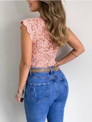 New Women Sexy V Neck Lace Vest Top - Sleeveless Solid Wire Free Tops